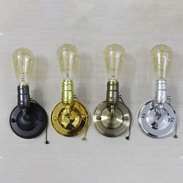 Frendorf | 1 Licht Wandlamp Industrieel Vintage Open Bulb Metalen Wandverlichting met Trekschakelaar in Zwart/Zilver voor Slaapkamer