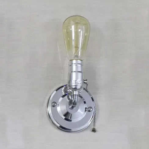 Frendorf | 1 Licht Wandlamp Industrieel Vintage Open Bulb Metalen Wandverlichting met Trekschakelaar in Zwart/Zilver voor Slaapkamer