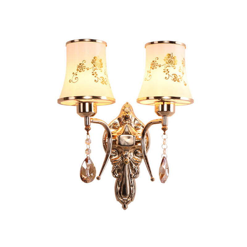 Frendorf | 2 Glühbirnen Bell Wandleuchte Mid-Century Gold Frosted Glass Wandbeleuchtung mit Kristallanhänger
