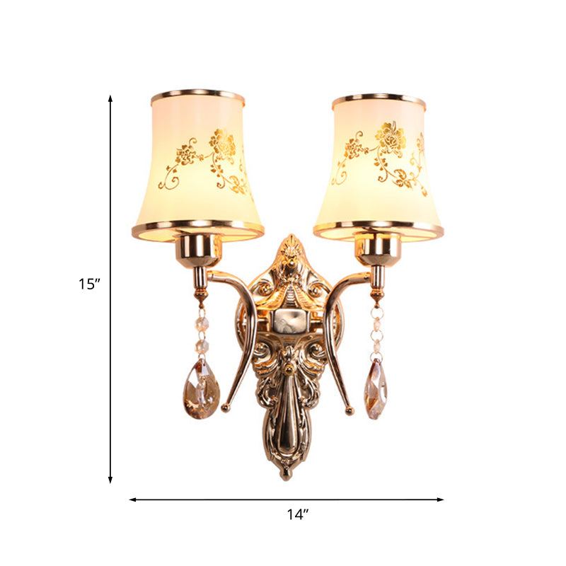 Frendorf | 2 Glühbirnen Bell Wandleuchte Mid-Century Gold Frosted Glass Wandbeleuchtung mit Kristallanhänger