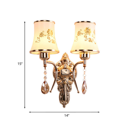 Frendorf | 2 Glühbirnen Bell Wandleuchte Mid-Century Gold Frosted Glass Wandbeleuchtung mit Kristallanhänger