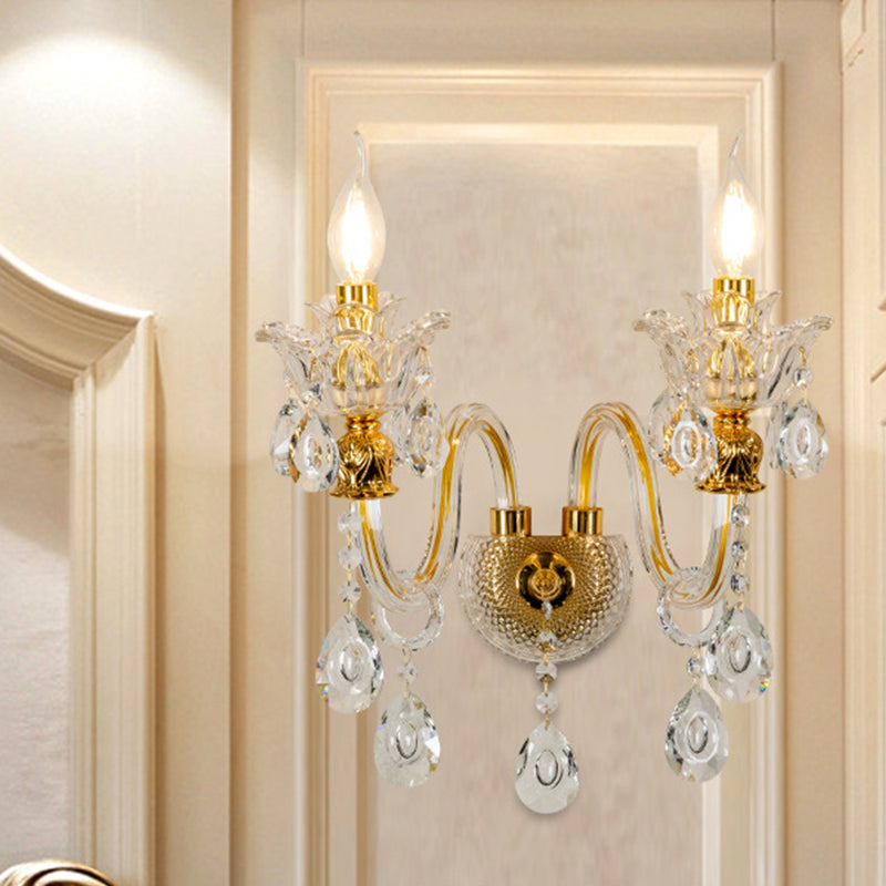 Frendorf | Kandelaar Duidelijk Kristallen Glas Wandlamp Midden Eeuw 2-Lichts Woonkamer Wandlamp in Goud