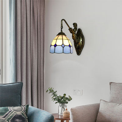 Frendorf | 1 Kopf Wandmontage Licht Tiffany Gittermuster Weiß und Blau Glas Wandlampe Leuchte