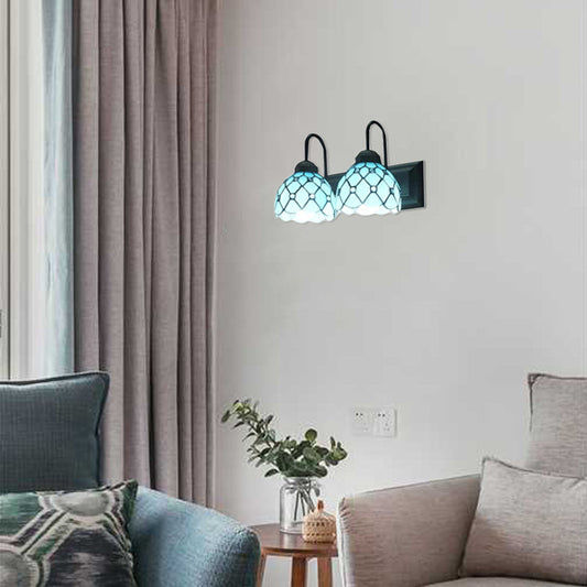 Frendorf | 2 Köpfe Dome Wandmontierte Licht Tiffany Blau Glas Wandlampe in Schwarz