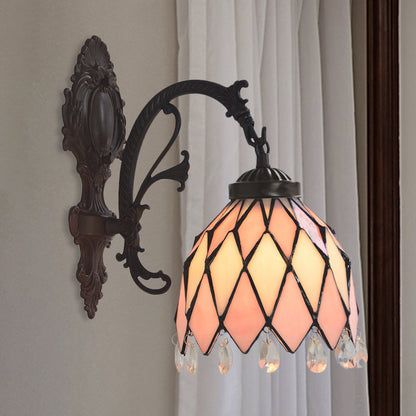 Frendorf | 1 Licht Gitter Schale Wandlampe Tiffany Bronze Finish Buntglas Wandleuchte mit Kristallakzent
