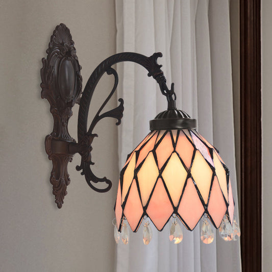 Frendorf | 1 Licht Gitter Schale Wandlampe Tiffany Bronze Finish Buntglas Wandleuchte mit Kristallakzent