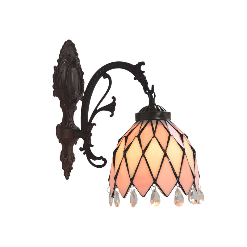 Frendorf | 1 Licht Gitter Schale Wandlampe Tiffany Bronze Finish Buntglas Wandleuchte mit Kristallakzent