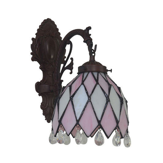Frendorf | 1 Licht Gitter Schale Wandlampe Tiffany Bronze Finish Buntglas Wandleuchte mit Kristallakzent