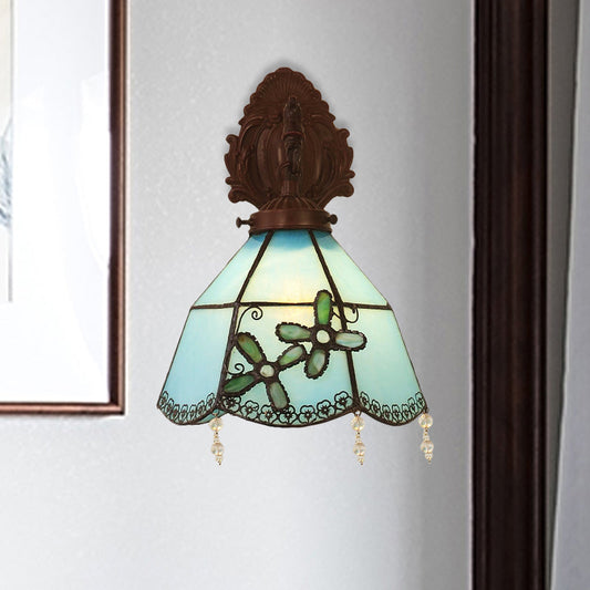 Frendorf | Gekromde Arm Wandlamp Mediterrane Metaal 1 Lamp Brons Wandlamp met Koepel Blauwe Glazen Scherm voor Eetkamer