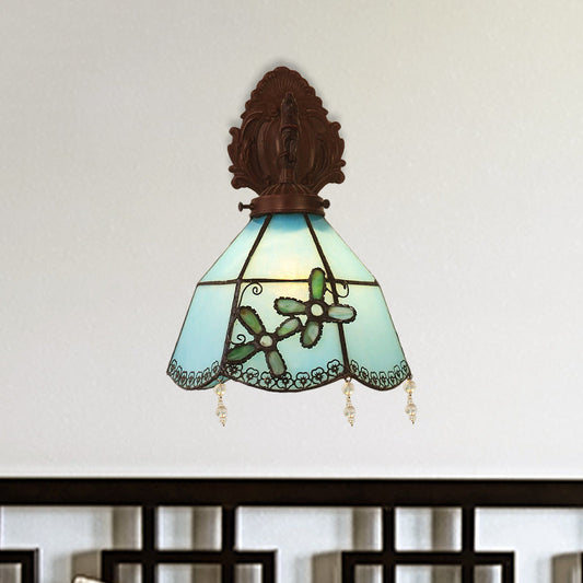 Frendorf | Gekromde Arm Wandlamp Mediterrane Metaal 1 Lamp Brons Wandlamp met Koepel Blauwe Glazen Scherm voor Eetkamer