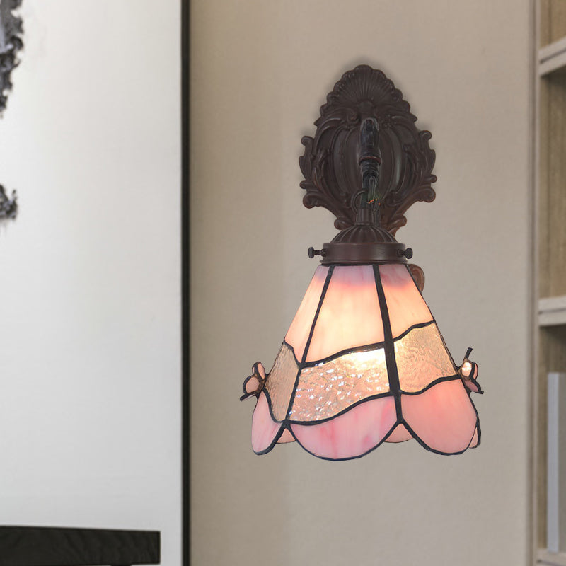 Frendorf | Rosa geschnittenes Glas Trapez Wandleuchte Mission 1 Licht Bronze Blumenmuster Wandmontage Lampe für Esszimmer