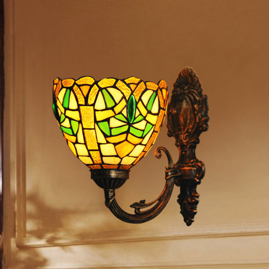 Frendorf | 1-Licht Esszimmer Wandlicht Leuchte Viktorianische Messing Wandmontierte Beleuchtung mit Schüssel Buntglas-Schirm