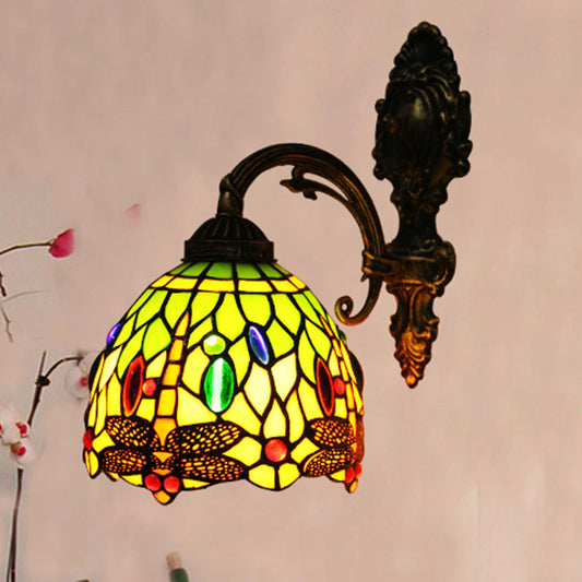 Frendorf | Gestreift Kunstglas Bronzen Wandleuchte Gewölbt 1 Kopf Tiffany Stil Wandmontage Lichtarmatur mit Libellenmuster