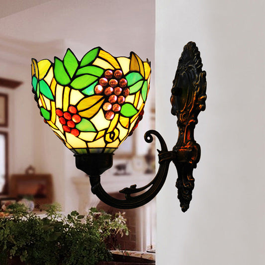 Frendorf | Tiffany Bowl Wandlamp 1 Hoofd Geëtst Glas Druifpatroon Wandmontage Lamp in Groen en Wit/Zwart