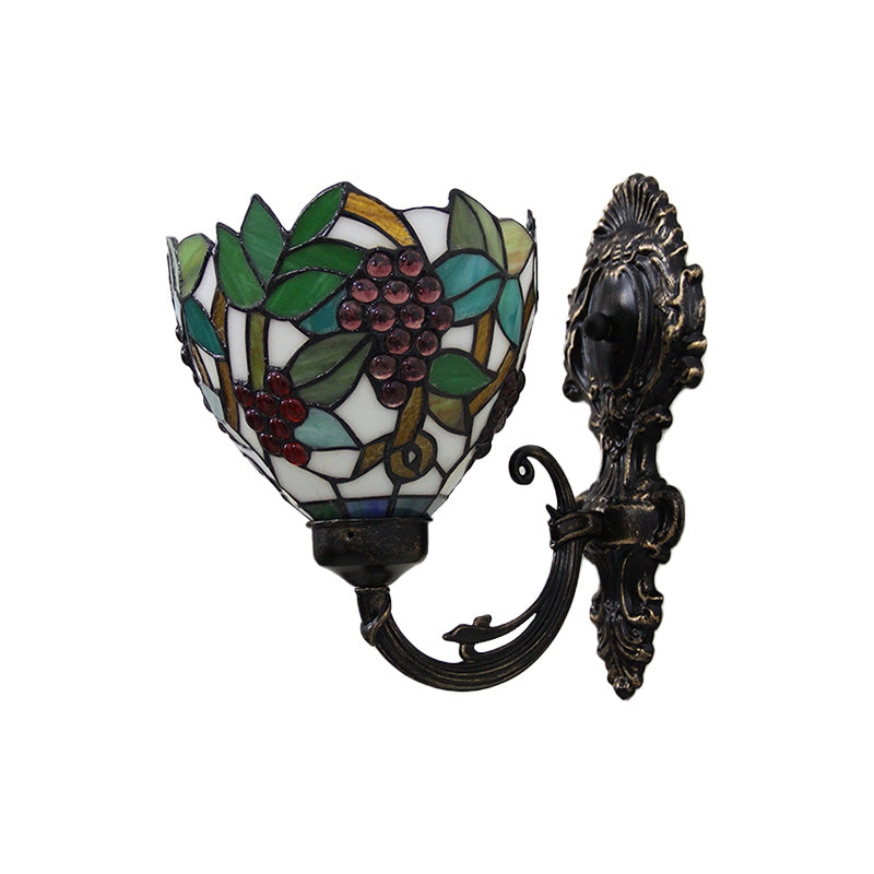 Frendorf | Tiffany Bowl Wandlamp 1 Hoofd Geëtst Glas Druifpatroon Wandmontage Lamp in Groen en Wit/Zwart