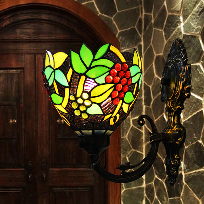 Frendorf | Tiffany Bowl Wandlamp 1 Hoofd Geëtst Glas Druifpatroon Wandmontage Lamp in Groen en Wit/Zwart