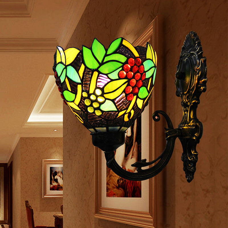 Frendorf | Tiffany Bowl Wandlamp 1 Hoofd Geëtst Glas Druifpatroon Wandmontage Lamp in Groen en Wit/Zwart