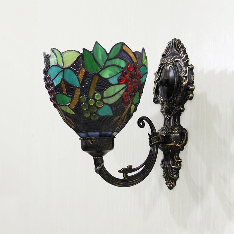 Frendorf | Tiffany Bowl Wandlamp 1 Hoofd Geëtst Glas Druifpatroon Wandmontage Lamp in Groen en Wit/Zwart