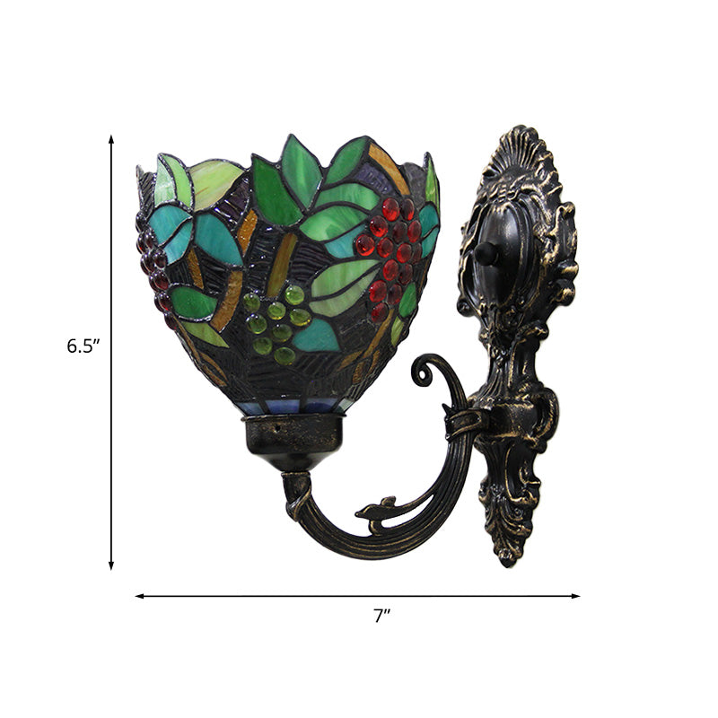 Frendorf | Tiffany Bowl Wandlamp 1 Hoofd Geëtst Glas Druifpatroon Wandmontage Lamp in Groen en Wit/Zwart