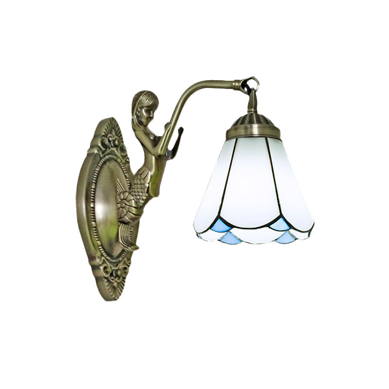 Frendorf | 1 Kopf Kegelförmige Wand sconces Beleuchtung Mission Weiß/Beige Glas Wandmontage Lichtanlage mit Meerjungfrau Rückplatte