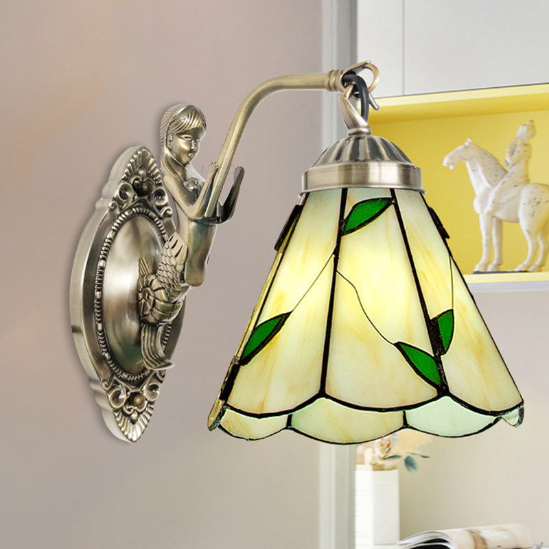 Frendorf | 1 Kopf Kegelförmige Wand sconces Beleuchtung Mission Weiß/Beige Glas Wandmontage Lichtanlage mit Meerjungfrau Rückplatte
