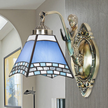 Frendorf | Trapeze Wandlamp Mission Blue Gesneden Glas 1-Licht Bronzen Wandmontage Lamp met Zeemeermin Arm