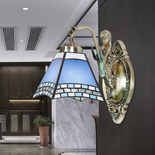 Frendorf | Trapeze Wandlamp Mission Blue Gesneden Glas 1-Licht Bronzen Wandmontage Lamp met Zeemeermin Arm