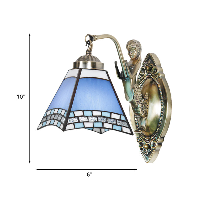 Frendorf | Trapeze Wandlamp Mission Blue Gesneden Glas 1-Licht Bronzen Wandmontage Lamp met Zeemeermin Arm
