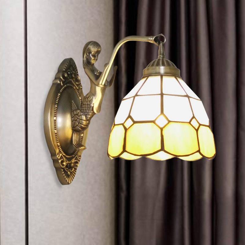 Frendorf | 1 Bulb Woonkamer Wand Gemonteerde Licht Barok Brons Zeemeermin Wandlamp met Raster Koepel Donker/Richtersky Blauw en Witte Glazen Schaduw