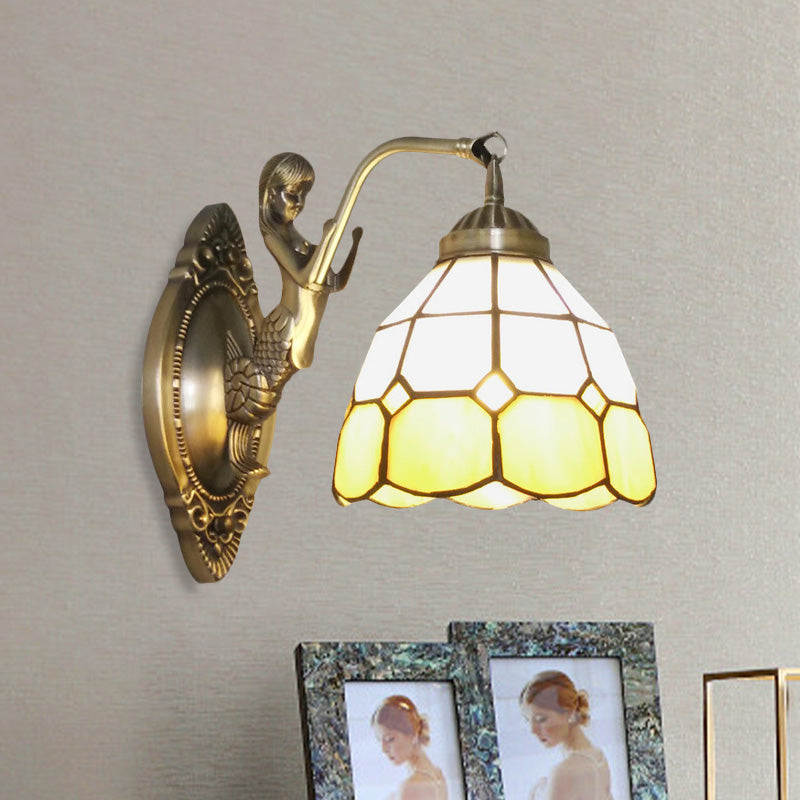 Frendorf | 1 Bulb Woonkamer Wand Gemonteerde Licht Barok Brons Zeemeermin Wandlamp met Raster Koepel Donker/Richtersky Blauw en Witte Glazen Schaduw