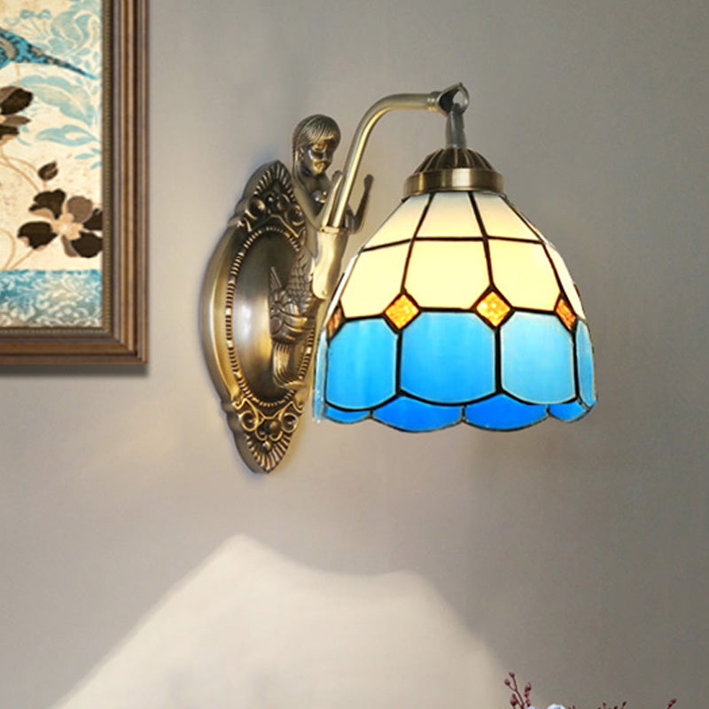 Frendorf | 1 Bulb Woonkamer Wand Gemonteerde Licht Barok Brons Zeemeermin Wandlamp met Raster Koepel Donker/Richtersky Blauw en Witte Glazen Schaduw