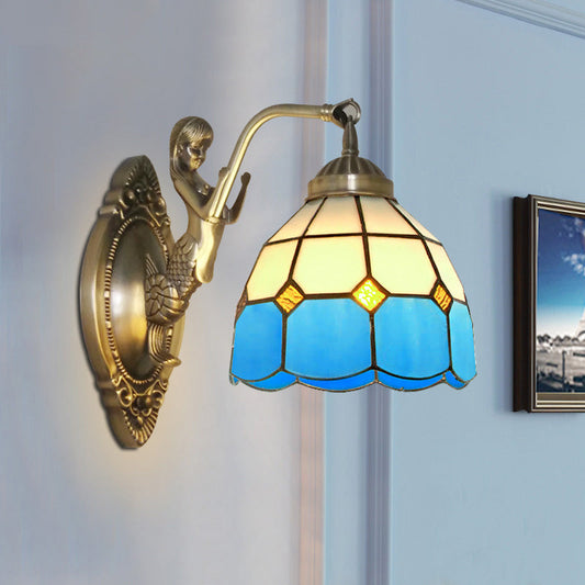 Frendorf | 1 Bulb Woonkamer Wand Gemonteerde Licht Barok Brons Zeemeermin Wandlamp met Raster Koepel Donker/Richtersky Blauw en Witte Glazen Schaduw