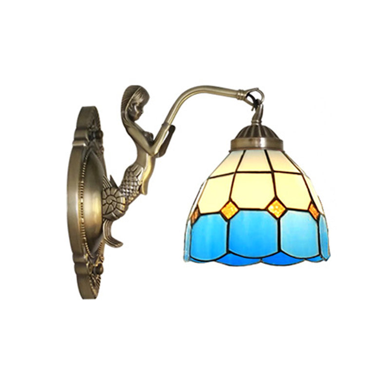 Frendorf | 1 Bulb Woonkamer Wand Gemonteerde Licht Barok Brons Zeemeermin Wandlamp met Raster Koepel Donker/Richtersky Blauw en Witte Glazen Schaduw