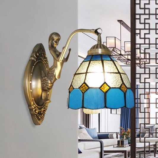 Frendorf | 1 Bulb Woonkamer Wand Gemonteerde Licht Barok Brons Zeemeermin Wandlamp met Raster Koepel Donker/Richtersky Blauw en Witte Glazen Schaduw