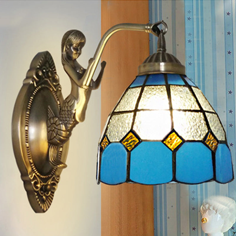 Frendorf | 1 Bulb Woonkamer Wand Gemonteerde Licht Barok Brons Zeemeermin Wandlamp met Raster Koepel Donker/Richtersky Blauw en Witte Glazen Schaduw