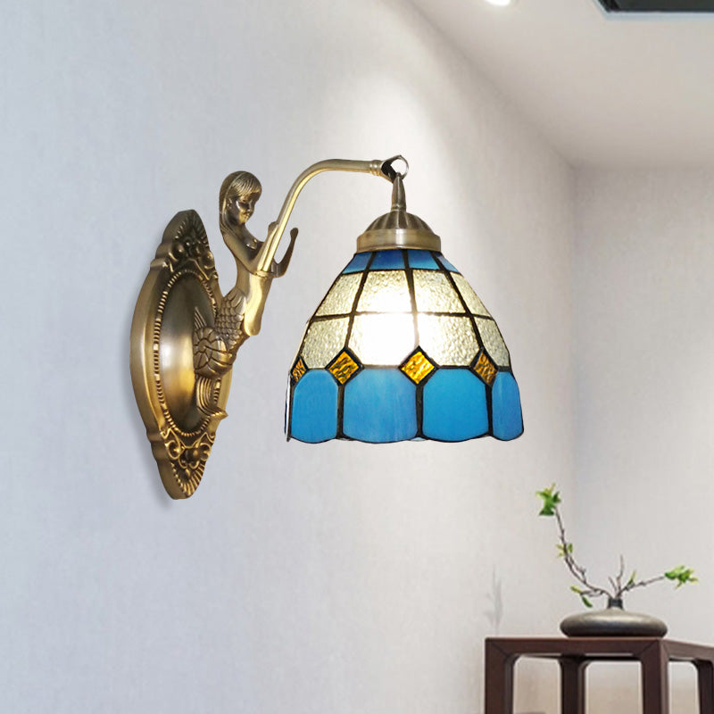 Frendorf | 1 Bulb Woonkamer Wand Gemonteerde Licht Barok Brons Zeemeermin Wandlamp met Raster Koepel Donker/Richtersky Blauw en Witte Glazen Schaduw