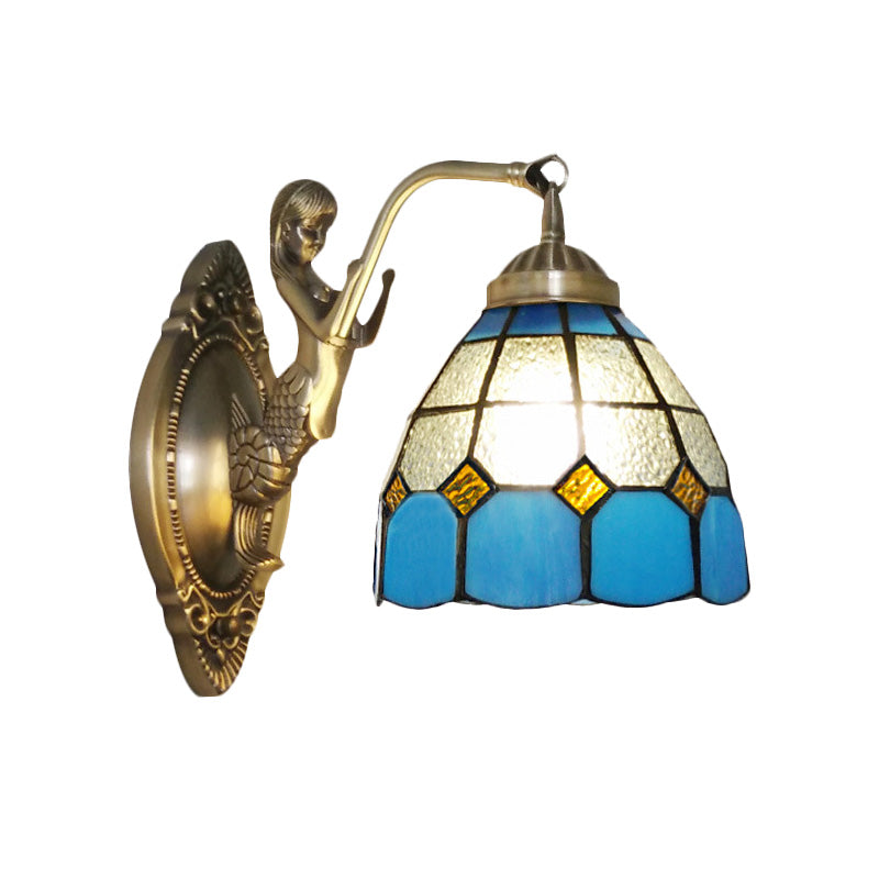 Frendorf | 1 Bulb Woonkamer Wand Gemonteerde Licht Barok Brons Zeemeermin Wandlamp met Raster Koepel Donker/Richtersky Blauw en Witte Glazen Schaduw
