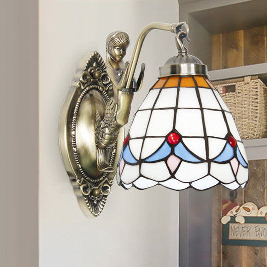 Frendorf | Dome Wandlamp 1-Lamp Geëtst Glas Mediterraan Tulp Motief Wandverlichting in Wit/Blauw met Zeemeerminarm