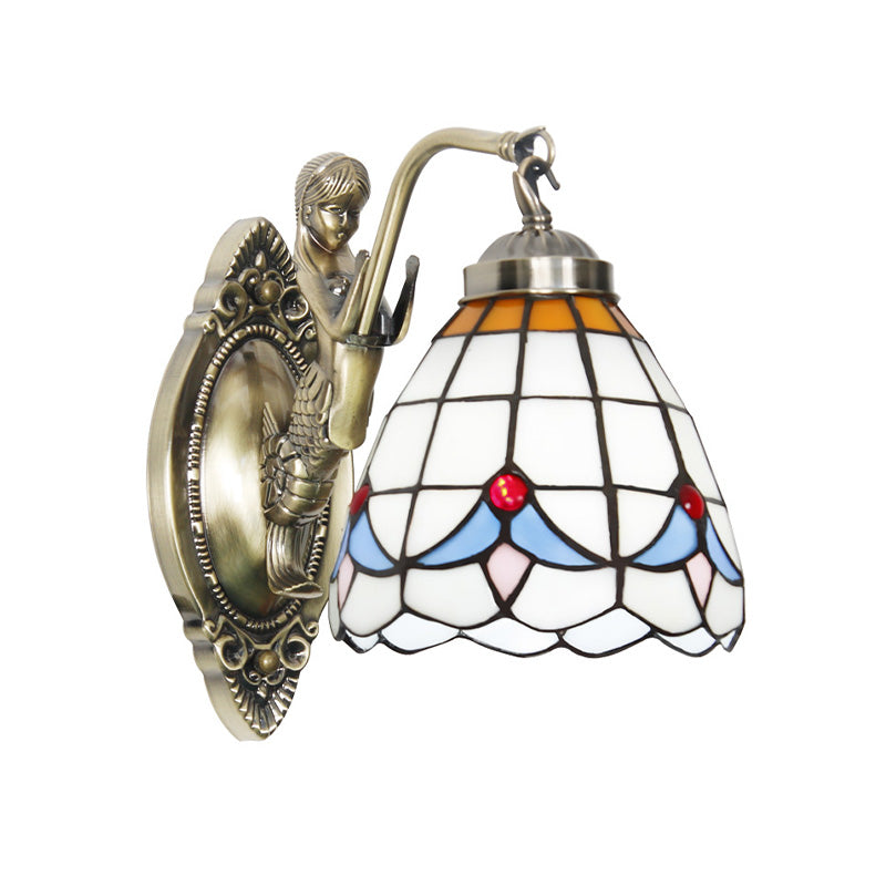 Frendorf | Dome Wandlamp 1-Lamp Geëtst Glas Mediterraan Tulp Motief Wandverlichting in Wit/Blauw met Zeemeerminarm