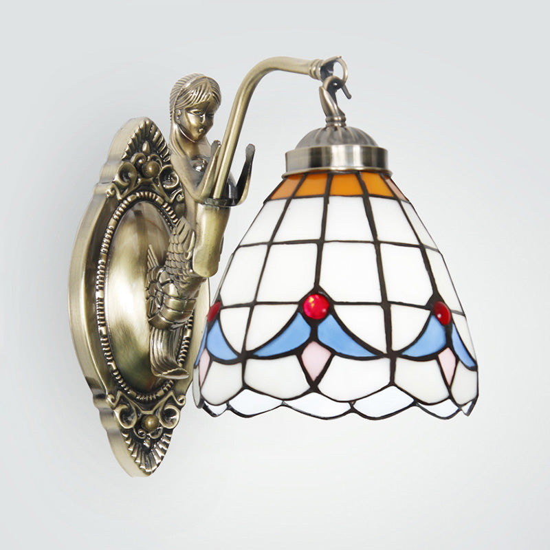 Frendorf | Dome Wandlamp 1-Lamp Geëtst Glas Mediterraan Tulp Motief Wandverlichting in Wit/Blauw met Zeemeerminarm