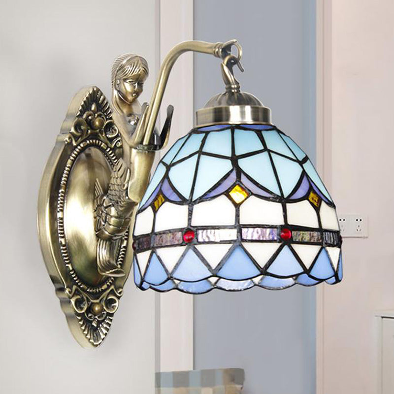 Frendorf | Dome Wandlamp 1-Lamp Geëtst Glas Mediterraan Tulp Motief Wandverlichting in Wit/Blauw met Zeemeerminarm