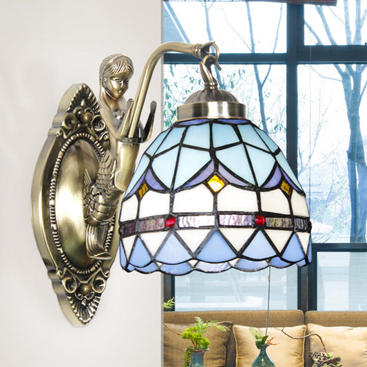 Frendorf | Dome Wandlamp 1-Lamp Geëtst Glas Mediterraan Tulp Motief Wandverlichting in Wit/Blauw met Zeemeerminarm