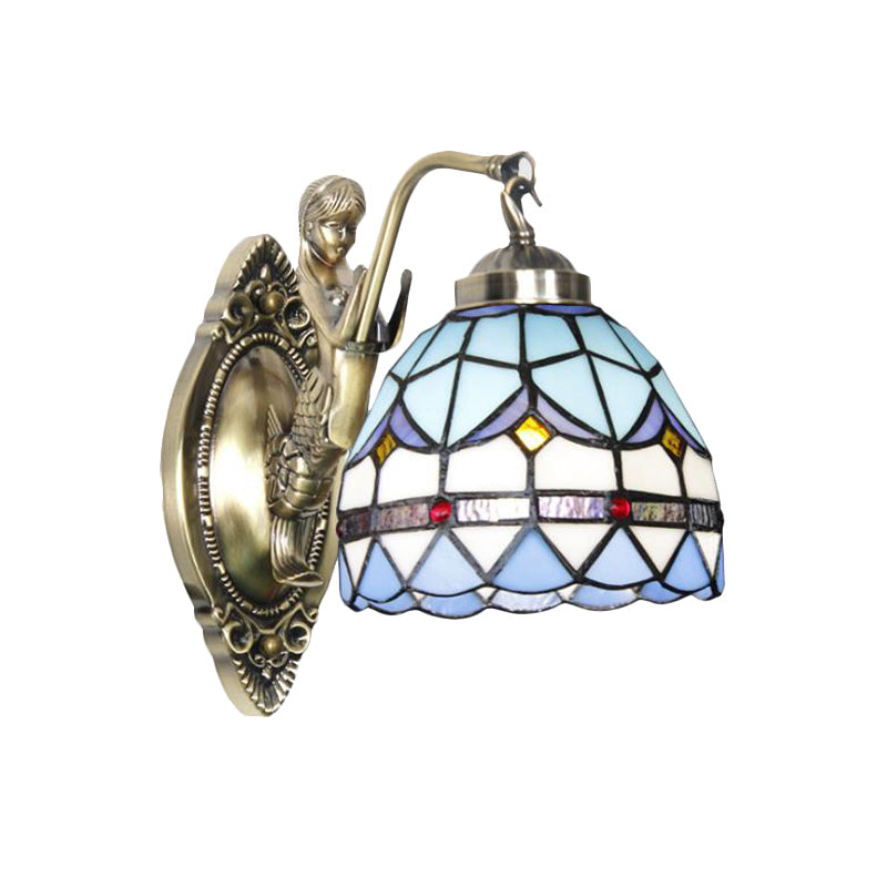 Frendorf | Dome Wandlamp 1-Lamp Geëtst Glas Mediterraan Tulp Motief Wandverlichting in Wit/Blauw met Zeemeerminarm