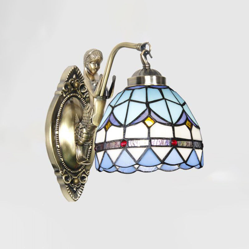 Frendorf | Dome Wandlamp 1-Lamp Geëtst Glas Mediterraan Tulp Motief Wandverlichting in Wit/Blauw met Zeemeerminarm