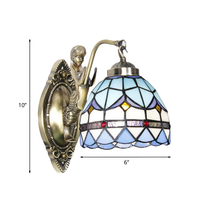 Frendorf | Dome Wandlamp 1-Lamp Geëtst Glas Mediterraan Tulp Motief Wandverlichting in Wit/Blauw met Zeemeerminarm
