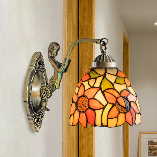Frendorf | Schneiderglas Beige/Orange Wandmontierte Lichtschale 1-Lampen Viktorianische Sonnenblume/Blütenmuster Oberfläche Wandlicht mit Meerjungfrau Arm