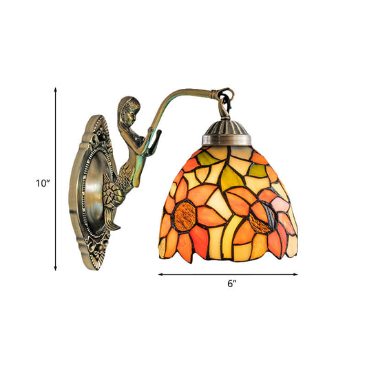 Frendorf | Schneiderglas Beige/Orange Wandmontierte Lichtschale 1-Lampen Viktorianische Sonnenblume/Blütenmuster Oberfläche Wandlicht mit Meerjungfrau Arm