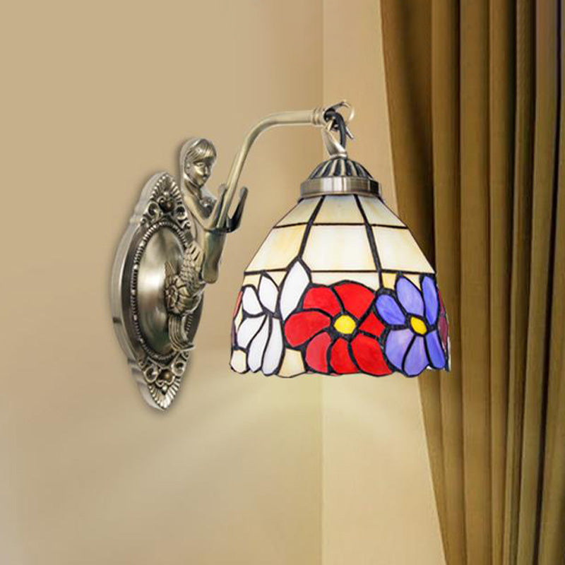 Frendorf | Schneiderglas Beige/Orange Wandmontierte Lichtschale 1-Lampen Viktorianische Sonnenblume/Blütenmuster Oberfläche Wandlicht mit Meerjungfrau Arm