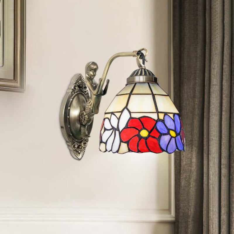 Frendorf | Schneiderglas Beige/Orange Wandmontierte Lichtschale 1-Lampen Viktorianische Sonnenblume/Blütenmuster Oberfläche Wandlicht mit Meerjungfrau Arm
