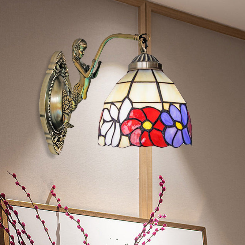 Frendorf | Schneiderglas Beige/Orange Wandmontierte Lichtschale 1-Lampen Viktorianische Sonnenblume/Blütenmuster Oberfläche Wandlicht mit Meerjungfrau Arm